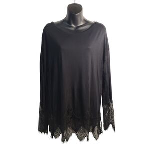 I Jeans By Buffalo Women's Black Lace Hem/Cuff Stretch Top Blouse Size L